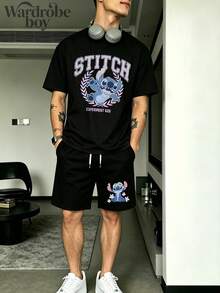 Disney-Licensed Short-Sleeve Printed T-Shirt And Shorts Set, Men's Two-Piece Set, Featuring A Stitch Logo With A Happy Expression Cartoon Print On The T-Shirt And Shorts Set, Suitable For Family Outings And Vacations. Unisex. Comfortable And Breathable. - màu đen - Xem 1