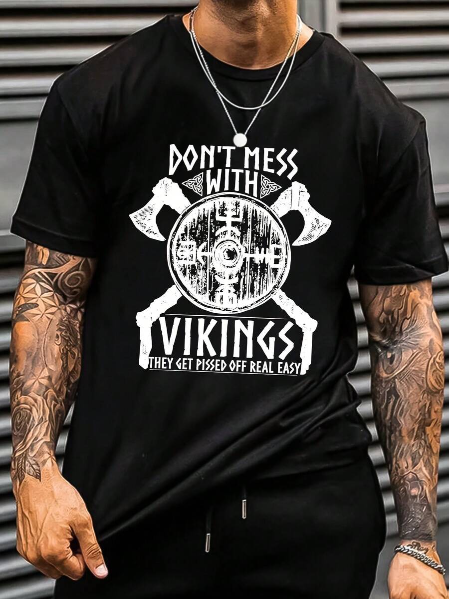 Men's T-Shirt With Pattern Print As An Inner Layer, Summer Short-Sleeve Top, PLUS SIZE - Black - View 1