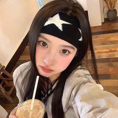 1pc Women's Black Star Print Elastic Comfortable Absorbent Breathable Headband, Suitable For Sports, Fitness, Daily Commute, Streetwear, Music Festivals, Casual Outings