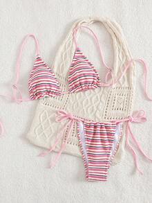 PEPPERMOLLY Bộ bikini gợi cảm mới, chất liệu vải bông mềm mại, dáng rộng, kẻ sọc, có dây đeo điều chỉnh được, kiểu buộc sau lưng, thích hợp cho mùa hè đi biển. Đồ bơi thời trang dành cho nữ. - Hồng - Xem 4