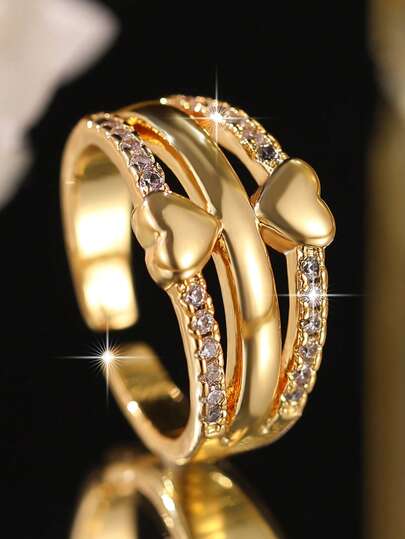 1pc Casual Heart Three Floors Gold Plated Rings Versatile Micro Inlay Cubic Zirconia Women Openable Ring For Girl Daily Decoration Graduation Dating Copper Jewelry Gift