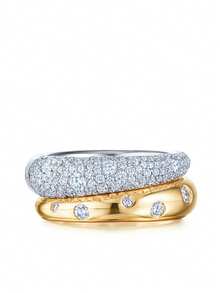rundraw 2pcs New Premium Copper Material Gold & Silver Color Zirconia Rings, Double Layer Inlaid Zirconia Finger Rings, Light Luxury Suitable For Women's Daily Wear And Parties - Two-tone Gold - View 7