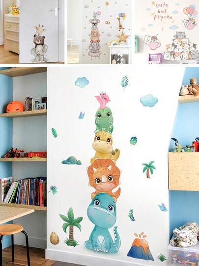 BRUP 1pc Cute Stacked Dinosaur Wall Decals, Cartoon Dino World Wall Stickers, Removable PVC Kids Room Nursery Wall Decor For Boys Girls