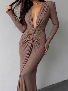 Women's Sequin Maxi Dress Deep V Neck Twist Front Bodycon Long Sleeve Elegant Evening Gown Slim Fit Formal Party Dress - 巧克力棕 - 查看 5