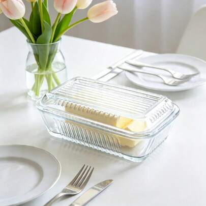 16*8cm Plat à beurre en verre avec couvercle / Plateau à fromage transparent / Plat de rangement multifonctionnel pour la maison, convient pour le stockage du beurre, la présentation du fromage, la présentation des desserts