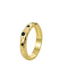 Women's Hammered Texture Gold-Plated Ring, Zirconia Inlaid With Black Accents, Minimalist Asymmetrical Design, Suitable For Daily And Casual Wear, An Ideal Gift For Jewelry Enthusiasts - Gold - View 6