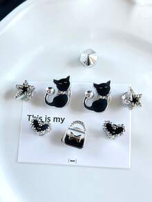 14 Stück schwarze Katze & Sternenhimmel herzförmige Cut Out Schuh Charms, silberne abnehmbare DIY Dekorationslegierung Accessoires geeignet für Cut Out Clogs - Schwarz - Übersicht 3