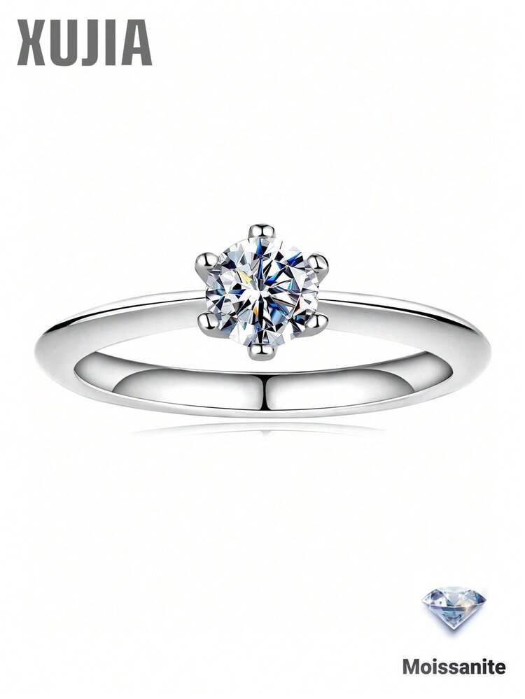 XUJIA 1pc 0.5 Carat Moissanite Ring, Women's Style, D Color, VVS1 Clarity, 5mm Round, Perfectly Cut, 925 Sterling Silver Classic 6-Prong Setting, Silver Anniversary Ring, Wedding Jewelry Gift