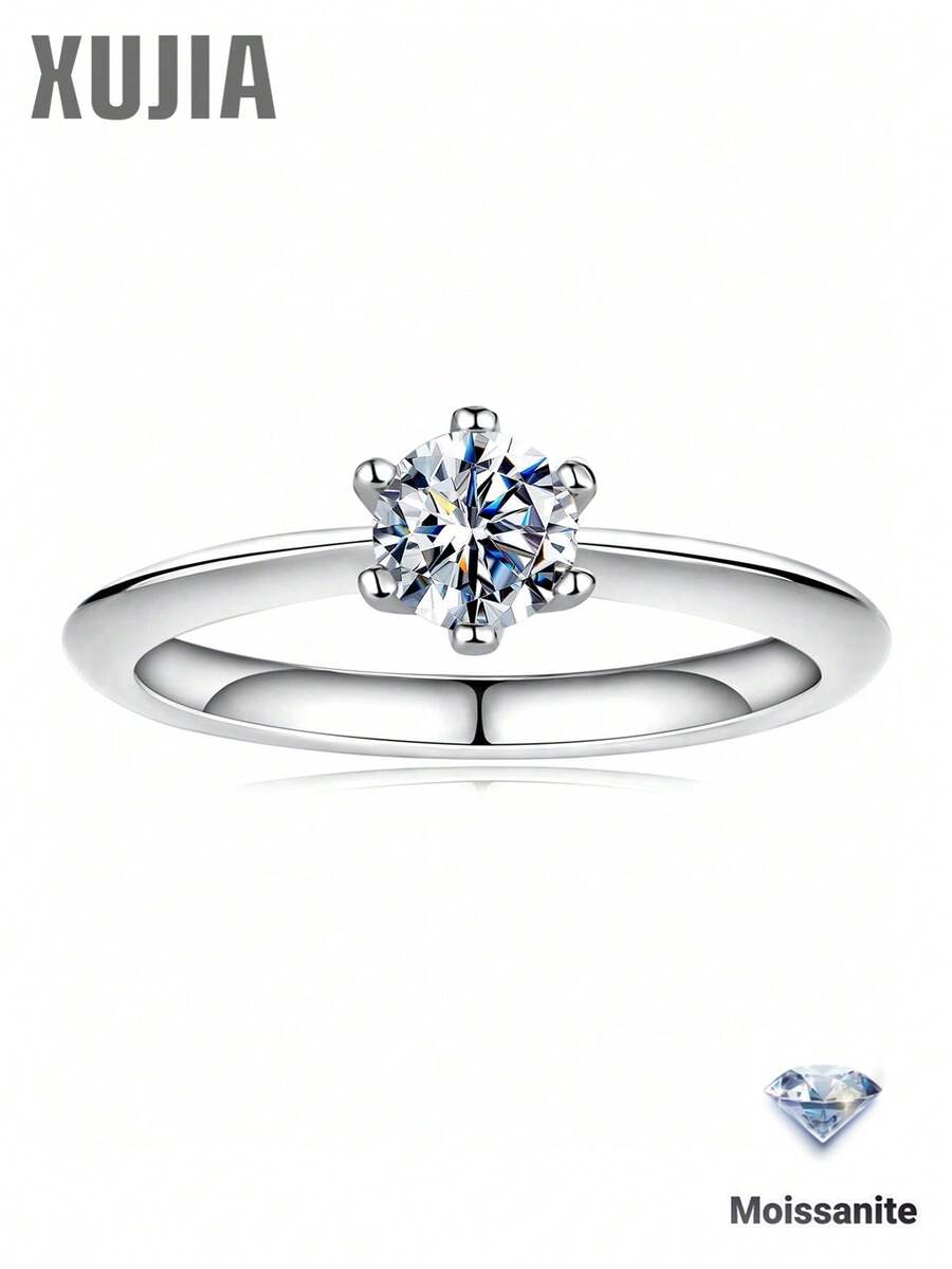 XUJIA 1pc 0.5 Carat Moissanite Ring, Women's Style, D Color, VVS1 Clarity, 5mm Round, Perfectly Cut, 925 Sterling Silver Classic 6-Prong Setting, Silver Anniversary Ring, Wedding Jewelry Gift