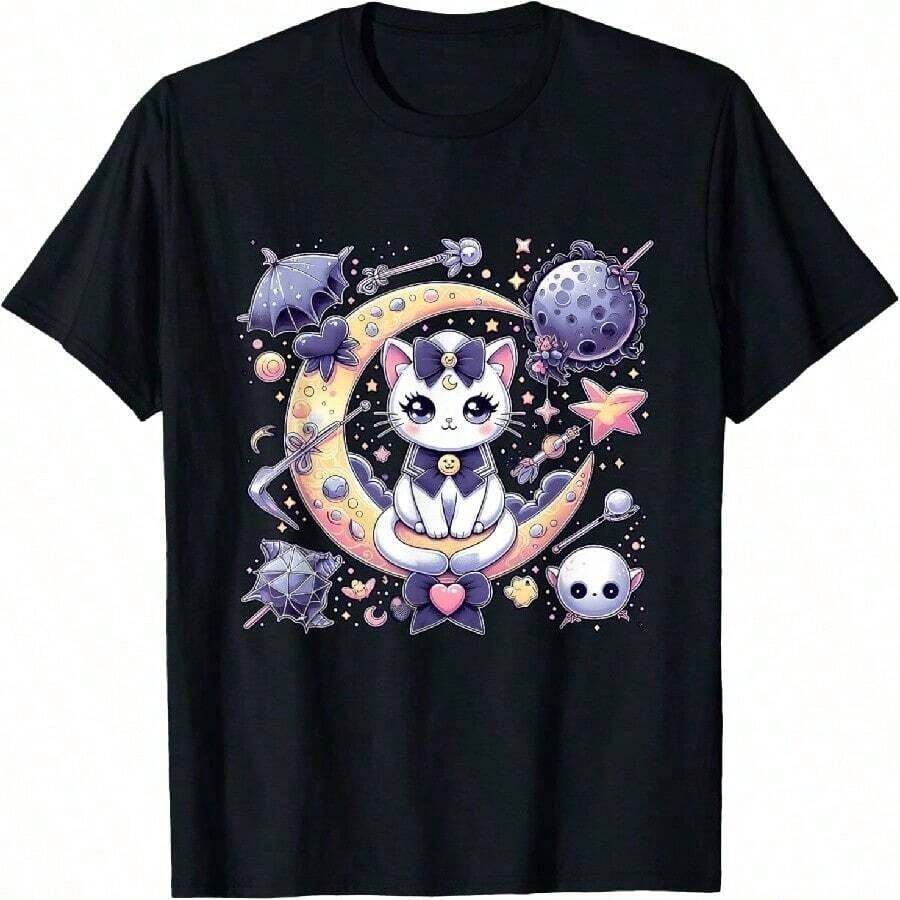 1 Piece Summer Women's Viral Graphic T-ShirtSailor Meow Cute Moon Cat Space Magic Gothic Halloween T-Shirt100%CottonMust-Have For The Festival - 黑色 - 查看 1