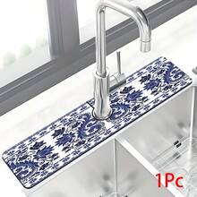 1pc Blue And White Porcelain Pattern Faucet Mat, Polyester, Quick Drying, Easy To Clean, Suitable For Kitchen And Bathroom, Easy Installation, Daily Decor, Gift, Bathroom Mat, Faucet Mat, Faucet Accessory - Multicolor - View 13