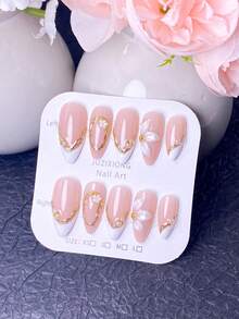 10片手工美甲贴纸，假指甲，美甲贴纸，夏季短款美甲贴纸，简约风格，裸色美甲，白色美甲，经典法式白色美甲贴纸，饰有3D白色花瓣和金色花心。温柔优雅的风格，适合女士和女孩在约会、婚礼和日常通勤中使用。 - 白色 - 查看 14