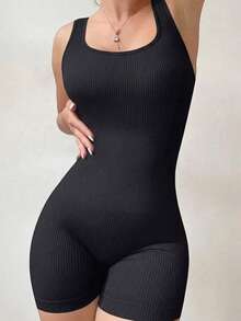 Women's Fitness Jumpsuit, Ribbed Fabric, Short Shaping Style - Black - View 1