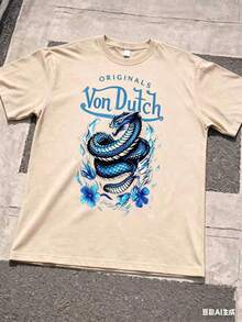 1PCS Men Creative Short Sleeve Print T-Shirt Blue Dragon And Flower Pattern With Vons Dutch Text Casual Wear Soft Fabric Breathable Print T-Shirt Summer Style 2026 - 杏色 - 查看 1