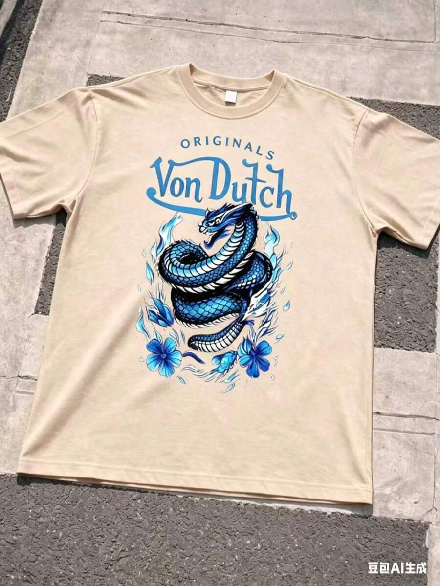1PCS Men Creative Short Sleeve Print T-Shirt Blue Dragon And Flower Pattern With Vons Dutch Text Casual Wear Soft Fabric Breathable Print T-Shirt Summer Style 2026 - 杏色 - 查看 1