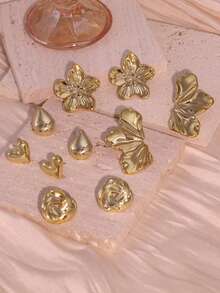 1/5 Pairs Of Fashionable Golden Smooth Egg Flower, Leaf, Teardrop, Round Wrap, Heart-Shaped Earring Set, Suitable For Women's Daily Wear, Is The Best Gift For Family And Friends (Lightweight CCB Plastic Material) - Gold - View 5