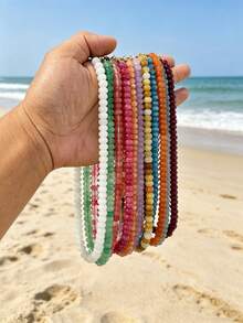 1 chiếc vòng cổ hạt đá tự nhiên hình tròn kiểu Bohemian với hiệu ứng nứt vỡ, kèm phụ kiện bằng thép không gỉ, thích hợp cho kỳ nghỉ hè ở bãi biển. - vòng cổ đính đá thủ công - Xem 1