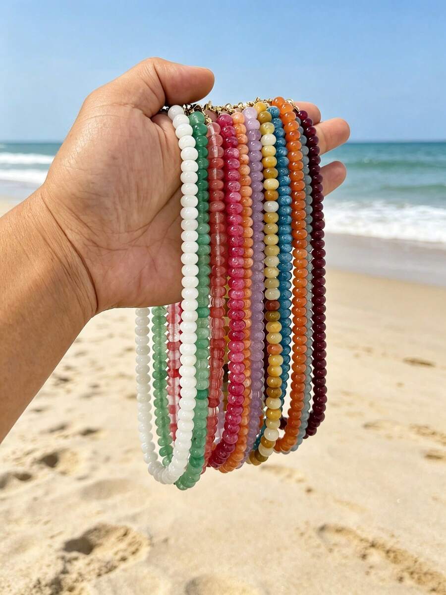 1 chiếc vòng cổ hạt đá tự nhiên hình tròn kiểu Bohemian với hiệu ứng nứt vỡ, kèm phụ kiện bằng thép không gỉ, thích hợp cho kỳ nghỉ hè ở bãi biển. - vòng cổ đính đá thủ công - Xem 1