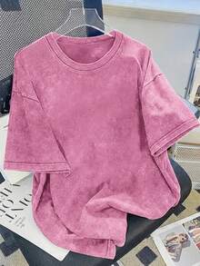 Solid Color Drop Shoulder Loose Fit Vintage Washed Style Women'S Short Sleeve T-Shirt,  Fashion Women'S T-Shirt Mothers Day Outfit Free Shipping - 粉色 - 查看 1