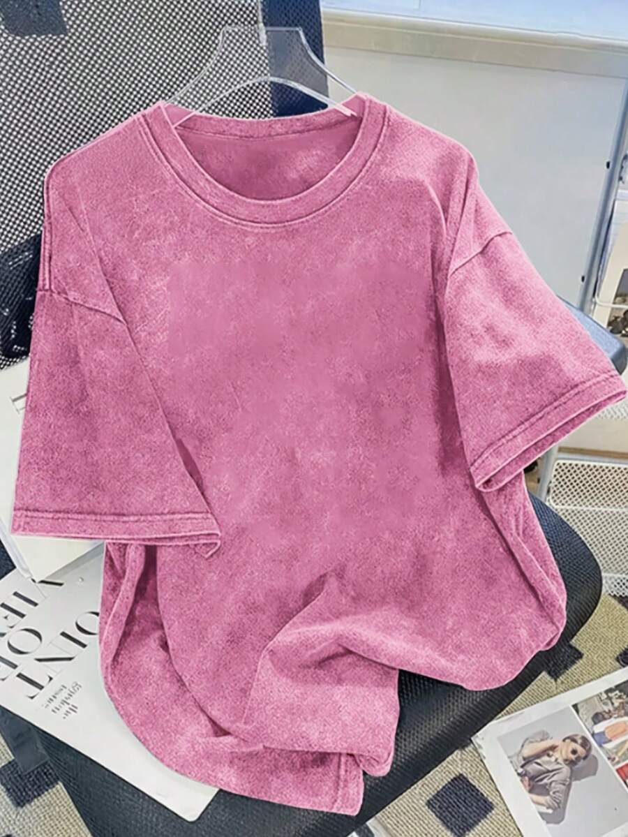 Solid Color Drop Shoulder Loose Fit Vintage Washed Style Women'S Short Sleeve T-Shirt,  Fashion Women'S T-Shirt Mothers Day Outfit Free Shipping - 粉色 - 查看 1