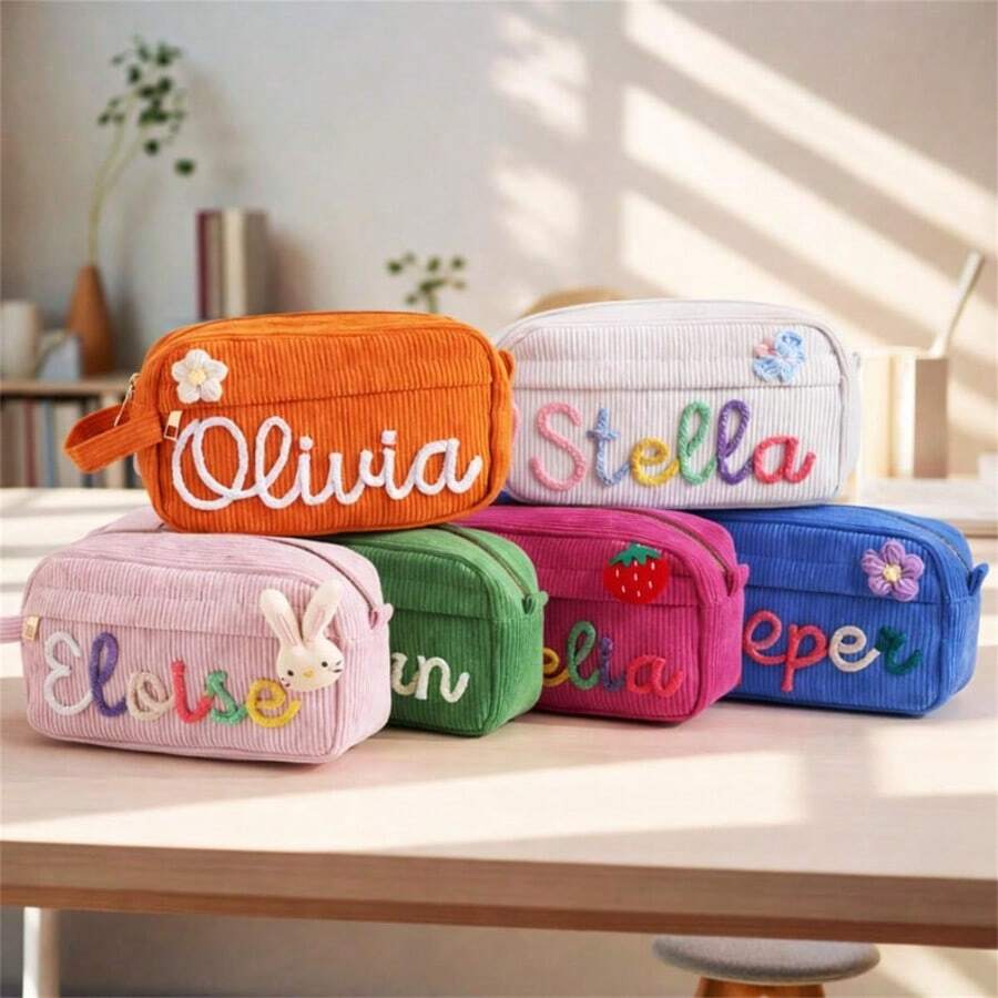 1pc Customized Name Corduroy Pencil Case, Personalized Colorful Pencil Box, Large Capacity, Children School Supplies Pencil Pouch, Customized Learning Gift, Back To School Season, Children Birthday Gift, Perfect Gift - Multicolor - View 1