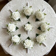 1件/6件装白色玫瑰胸花，配满天星，仿丝花胸针，适合新郎、伴郎、婚礼、晚宴、周年纪念、返校节和秋季乡村风格活动 - 白色 - 查看 2