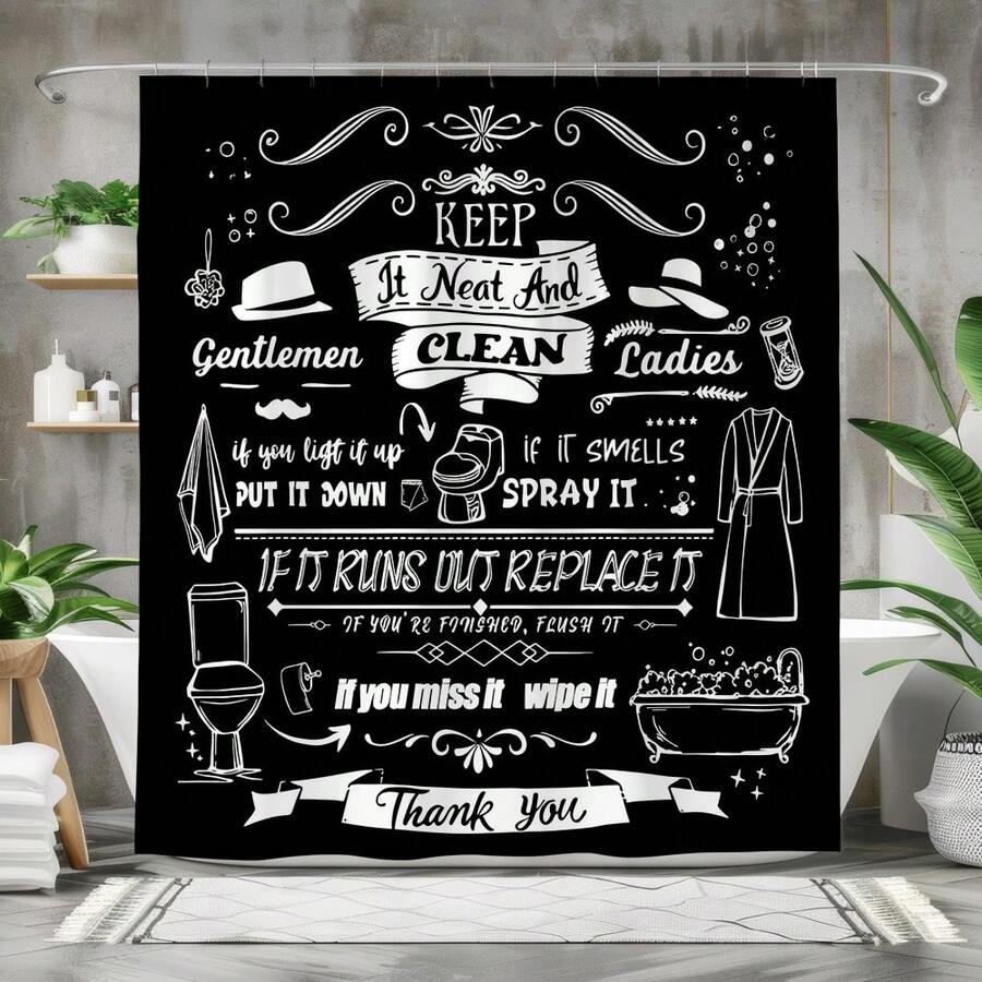 1pc 2D Flat Decorative Shower Curtain, With Humorous Quotes And Creative Black And White Design, Made Of Waterproof Polyester Fabric, Suitable For Home Decor, Washable And Waterproof, Easy To Install And Use - Multicolor - View 1