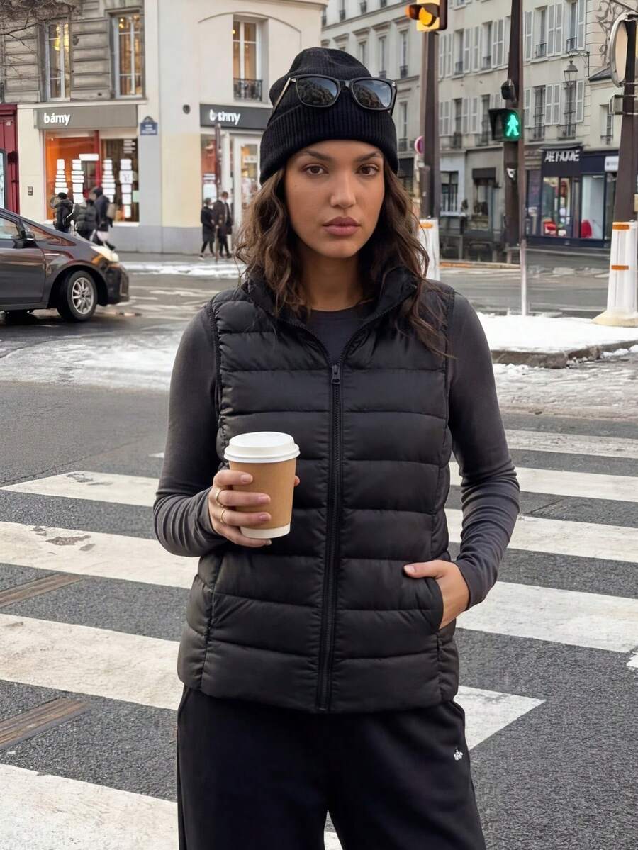 Chaleco corto de plumón ligero con cuello alto para mujer ZIAI, varios colores, casual para exteriores en otoño/invierno, negro