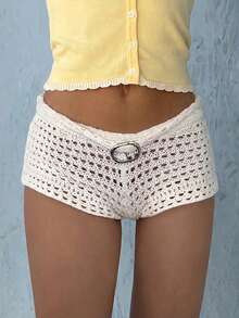 Pantalones cortos con cinturón de cintura calados para mujer para vacaciones de verano - Blanco - Ver 1