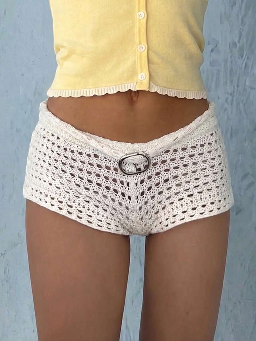 Pantalones cortos con cinturón de cintura calados para mujer para vacaciones de verano - Blanco - Ver 1