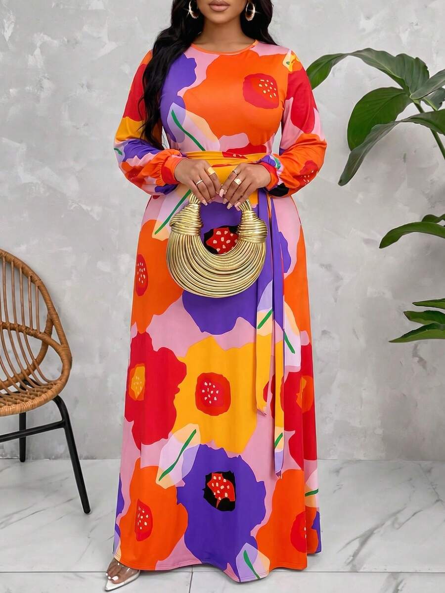 Plus Size Women's Bold Abstract Floral Print Long Sleeve Maxi Dress, Belted Waist Design Vibrant Color Elegant Plus Size Maxi Dress Vacation Spring - Multicolor - View 1