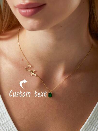 1 chiếc vòng cổ tên hình vuông màu xanh lá cây đính đá Zirconia tùy chỉnh dành cho nữ, chất liệu thép không gỉ mạ vàng, kiểu dáng hình học, trang sức quà tặng sinh nhật.