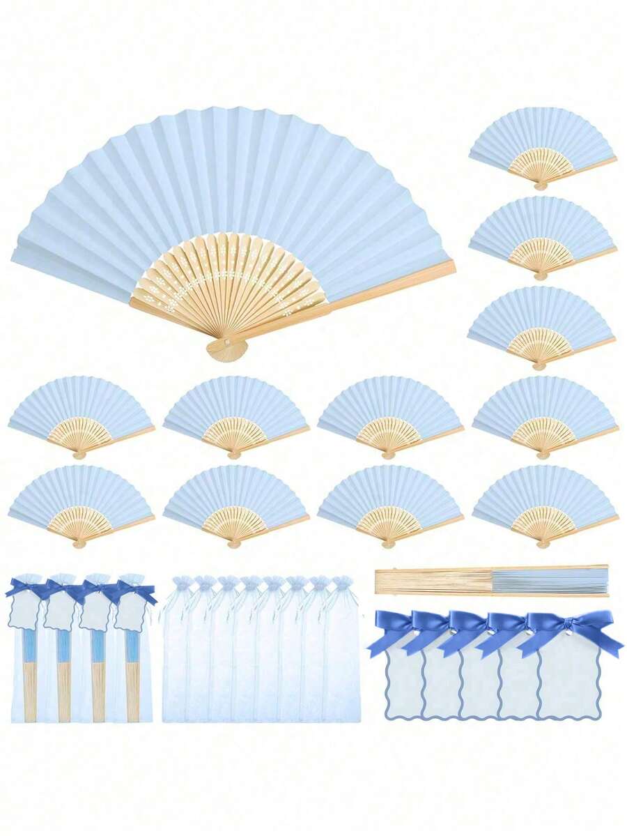 3/18/36pcs Wedding Gift Fan Set, Ladies Folding Fan, Green Bowknot, Transparent Organza Bag, Wedding Party Decor, Suitable For Bride Gift, Party, Birthday, Bridesmaid Photo Prop, Summer Fan, Event Party Supplies, Multi-Piece Party Gift Bag, 1pc - Baby Blue - View 1