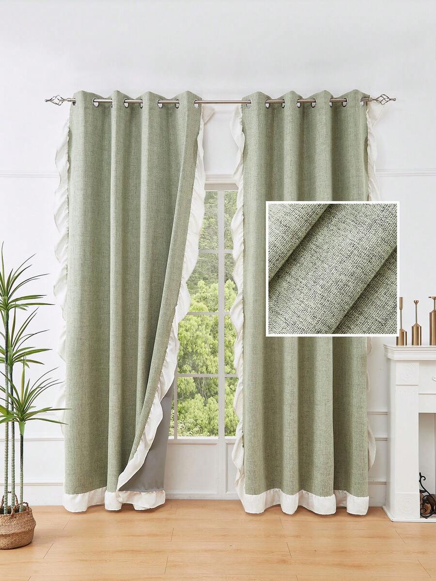 1pc Ivory Ruffle Linen Fabric Perforated Curtain - Modern Linen Style, Rod Pocket Design, Suitable For Living Room And Bedroom - Sheer And Light Filtering Curtain, Living Room Curtain, Bedroom Curtain (Tie Backs Not Included) - Multicolor - View 1