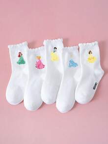 Disney 5双/套迪士尼/公主袜子，清新少女风，白色蕾丝边，可爱卡通公主图案，简约透气，吸湿排汗运动袜，甜美百搭柔软舒适中筒袜，适合返校、度假、派对、生日礼物 - 白色 - 查看 4