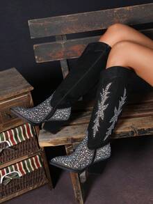 Rhinestone Embroidered Pointed Toe Chunky Heel Vintage Mid-Calf Fashion Boots For Women - Black - View 6