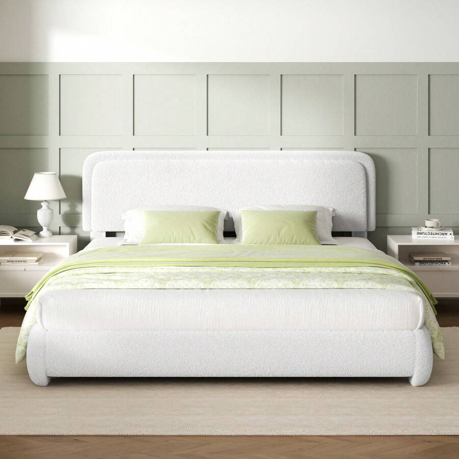 Full/Queen/King Size Boucle Bed Frame, Cloud Upholstered Platform Bed With Height Adjustable Headboard & Soft Rounded Corners, No Noise Free, Easy Assembly,White - trắng - Xem 1