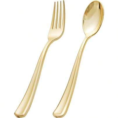 Set de tacâmuri din plastic auriu, 200/100/50/25/10 buc, inclusiv 100 furculițe și 100 linguri, potrivit pentru petreceri, evenimente, cine festive, nunți și diverse ocazii