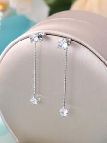 1 Pair Elegant White Zirconia Inlaid Silver-Tone Reversible Earrings For Women - Silver - View 6