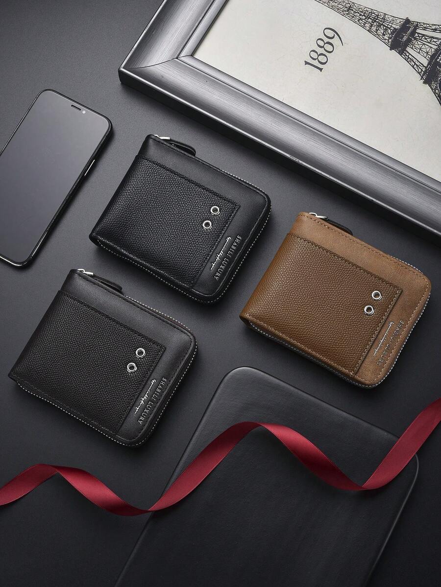 New Retro Men's Wallet, Short Bifold Leather Card Holder Zipper Wallet