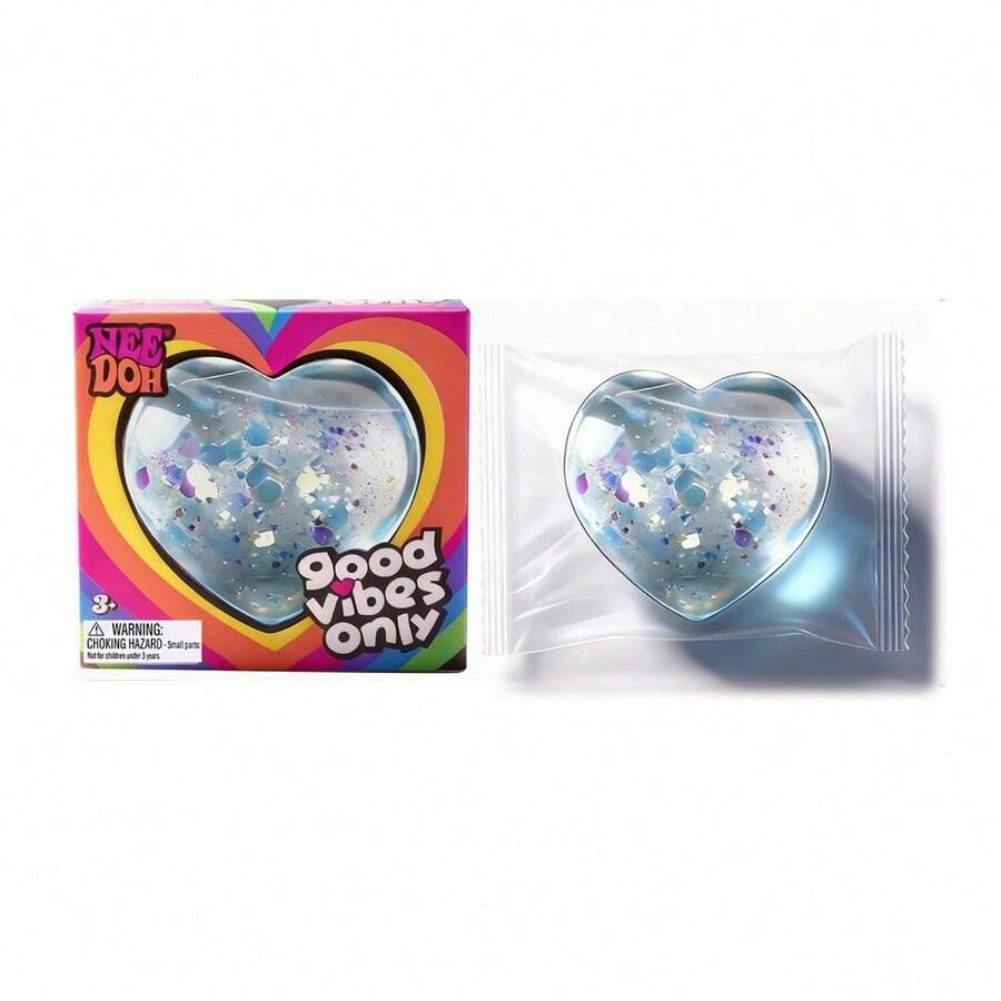 Nee Doh Good Vibes Only Heart Shaped Squishy Fidget Toy, Glitter Confetti Filled Soft Squeeze Stress Relief Sensory Toy, Ideal Easter Basket Stuffer & Birthday Gift For Kids Ages 3+ - Blue - 查看 1