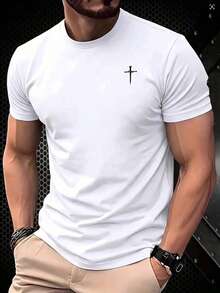 Playera casual de hombre con estampado de cruz estilo minimalista urbano - Blanco - Ver 2