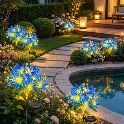 1个太阳能庭院装饰七头百合花灯，节日露台装饰灯，户外庭院装饰，逼真百合花束造型，适用于节日装饰、浪漫告白、求婚、露台和花园场景装饰