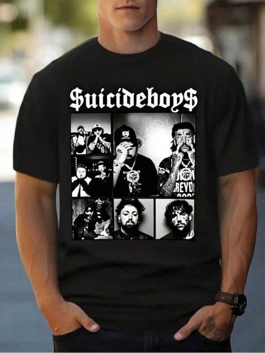Fashion, All Match Suicideboy Era Tour Graphic Print T-Shirt, Youth Shirt, Street T-Shirt, Harajuku Hip-Hop Rock Style T-Shirt, Unisex Fashion, Summer, Tops, T-Shirt, Cardigan, , Summer Top, Standard Fit, All Season Wear - màu đen - Xem 1