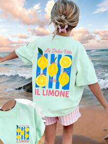 Tween Girls' Casual Funny Print Crew Neck Short Sleeve T-Shirt, Summer Top - Mint Green - View 1