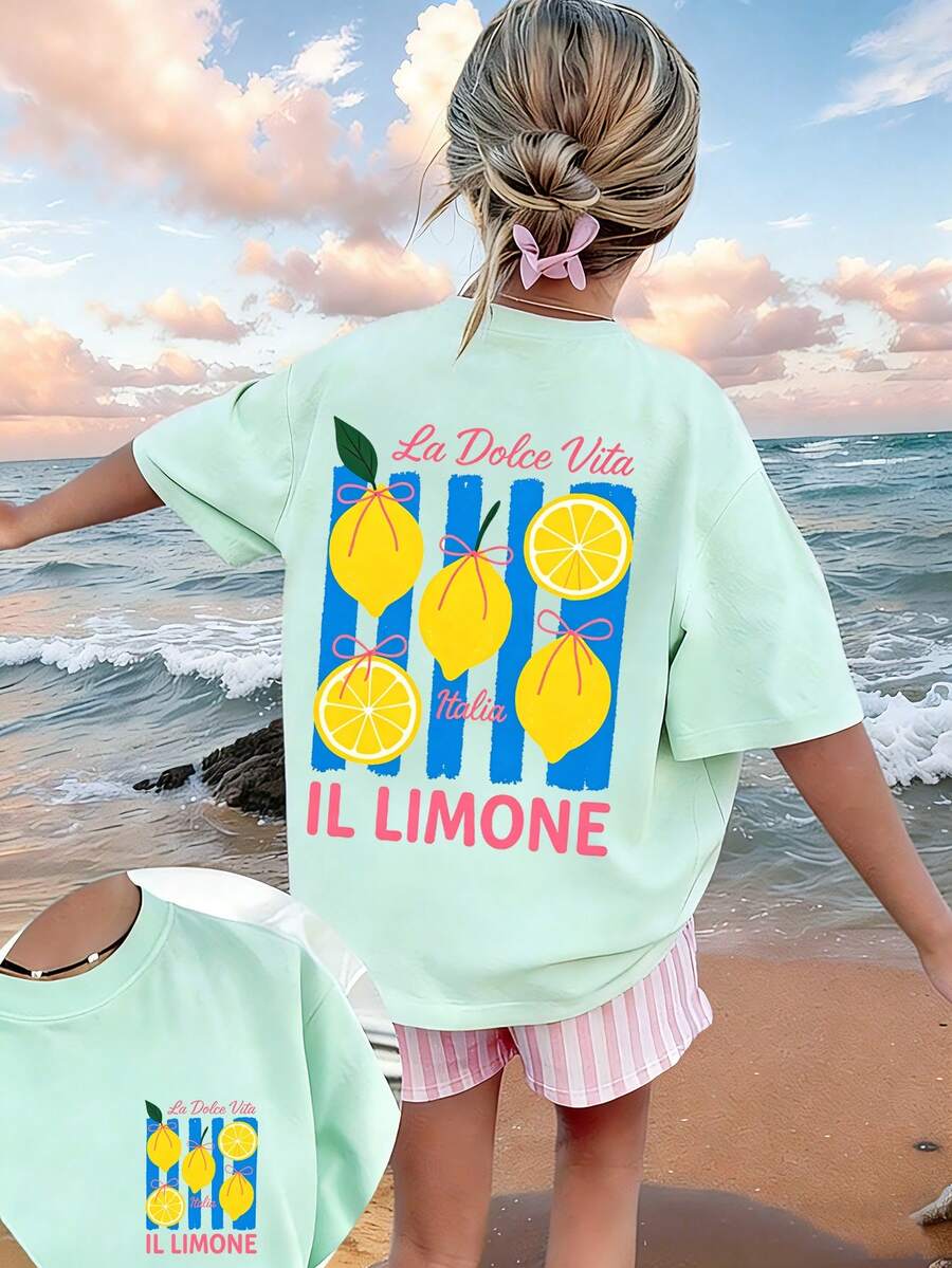 Tween Girls' Casual Funny Print Crew Neck Short Sleeve T-Shirt, Summer Top - Mint Green - View 1