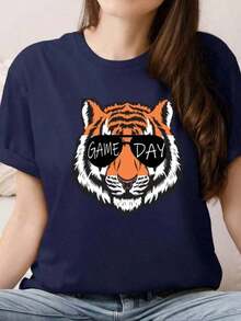 Purple & Gold Game Day Tiger Shirt Unisex |   Retro Tiger Graphic Tee |   Game Day-Shirt |   Sports Fan Shirt |   College Game Day Outfit Cute Oversized Tshirts Women Round Neck Street Cotton Short Sleeved-Shirt - Navy - 查看 7