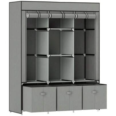 Fabric Wardrobe For Bedroom Portable Wardrobe With 5 Shelves 2 Hanging Rails And 3 Fabric Drawers Foldable Closet 125 X 43 X 162.5cm Light Grey