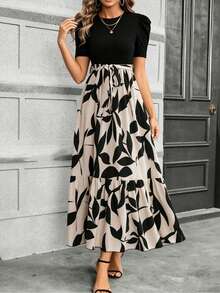Women's Printed Maxi Dress Short Puff Sleeve Crew Neck Tie Waist Casual Long Dress For Daily Wear Party - 黑色 - 查看 4