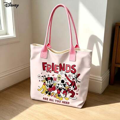 Disney Cartoon Canvas Tote Bag, Cute Mickey & Friends Print Shoulder Bag For Daily Use